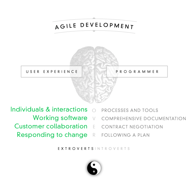 The Agile Development infographic explains how User Experience and Programmers must work in unison to achieve results